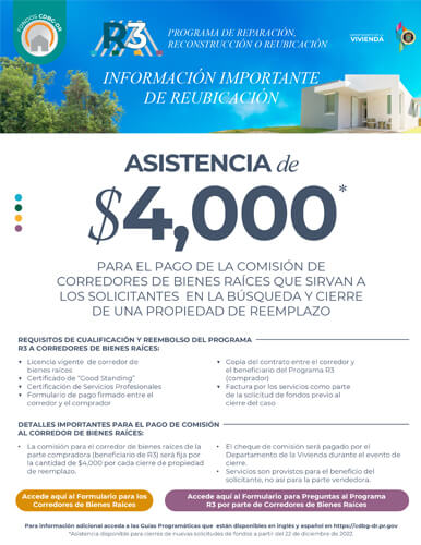 ASISTENCIA de $4,000 PARA EL PAGO DE LA COMISIÓN DE CORREDORES DE BIENES RAÍCES QUE SIRVAN A LOS SOLICITANTES EN LA BÚSQUEDA Y CIERRE DE UNA PROPIEDAD DE REEMPLAZO