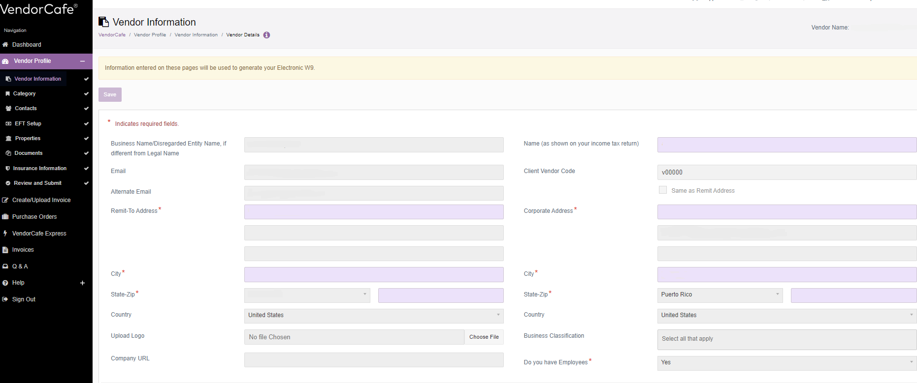 Seccion de Finanzas Vendor Information 1