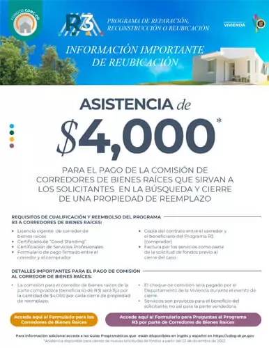 ASISTENCIA de $4,000 PARA EL PAGO DE LA COMISIÓN DE CORREDORES DE BIENES RAÍCES QUE SIRVAN A LOS SOLICITANTES EN LA BÚSQUEDA Y CIERRE DE UNA PROPIEDAD DE REEMPLAZO