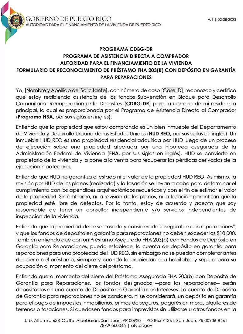 Formulario de Reconocimiento de Préstamo FHA 203(b) con Depósito de Garantía para Reparaciones