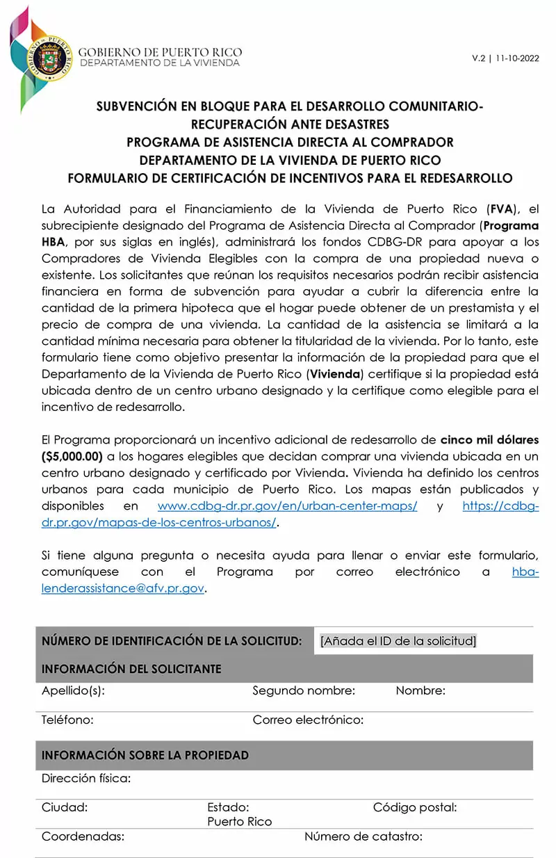 Formulario de Certificación de Incentivo de Redesarrollo