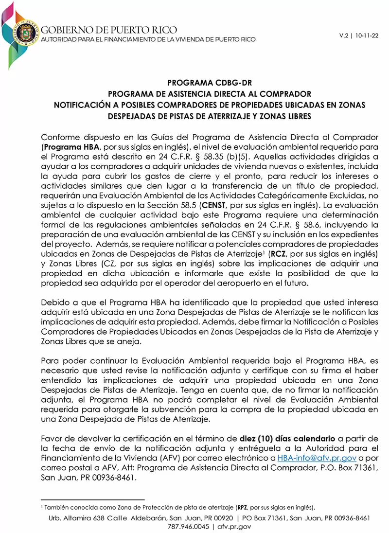 Notificación a Posibles Compradores de Propiedades Ubicadas En Zonas Despejadas de Pistas De Aterrizaje y Zonas Libres