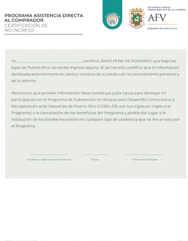 PROGRAMA ASISTENCIA DIRECTA AL COMPRADOR CERTIFICACIÓN DE NO INGRESO